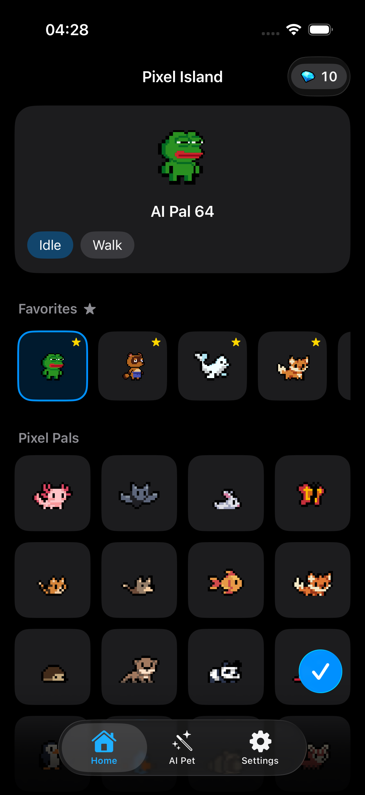 Pixel Island home screen with pet collection