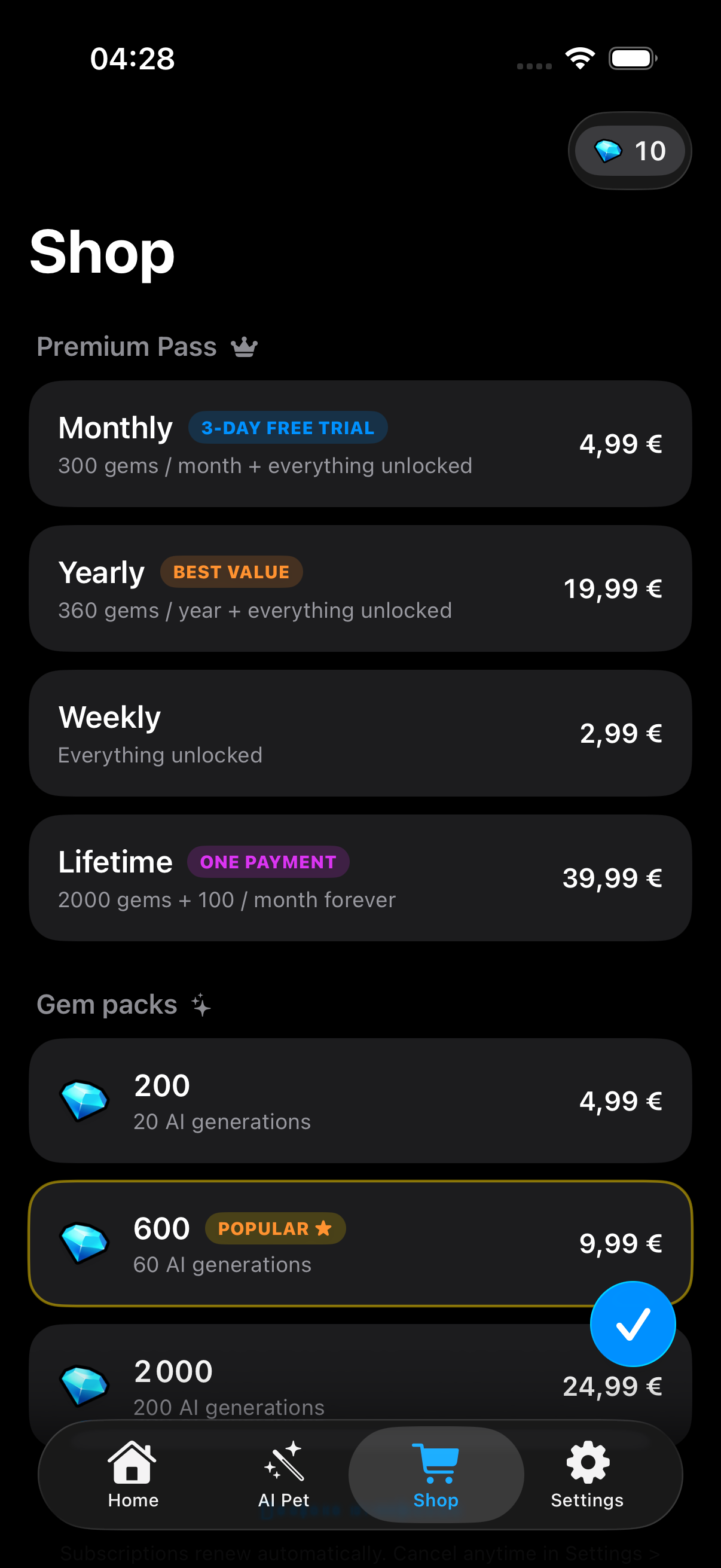 Pixel Island shop with premium pass and gem packs